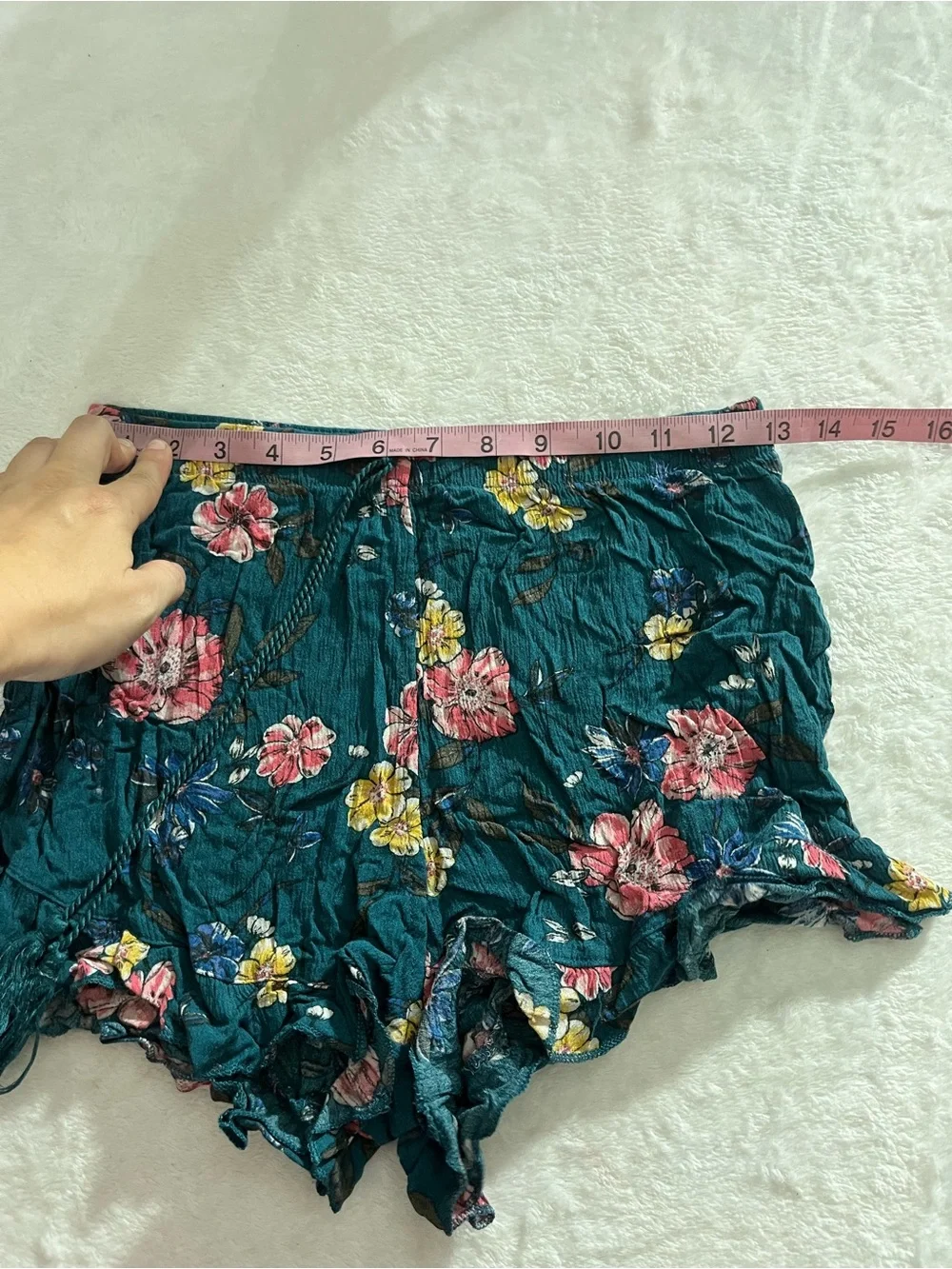 Flouncy Floral Fringe Drawstring Ruffle Hem Shorts Teal Floral Small Stretch GUC